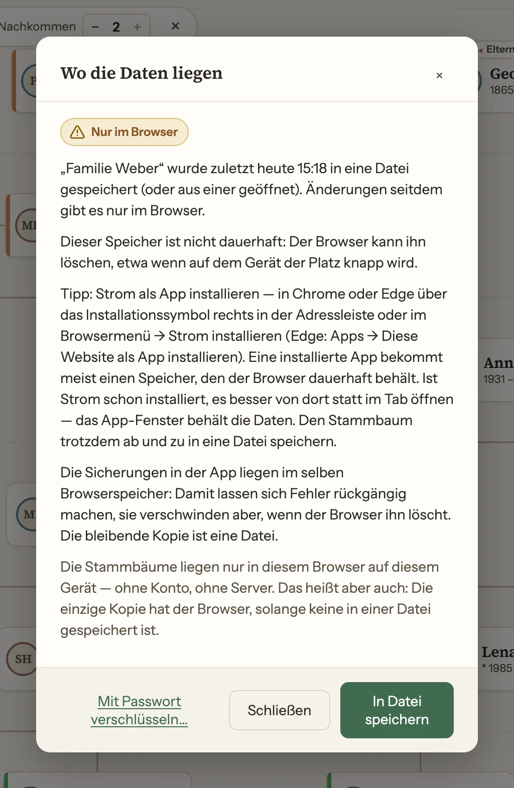 Das Fenster „Wo die Daten liegen“