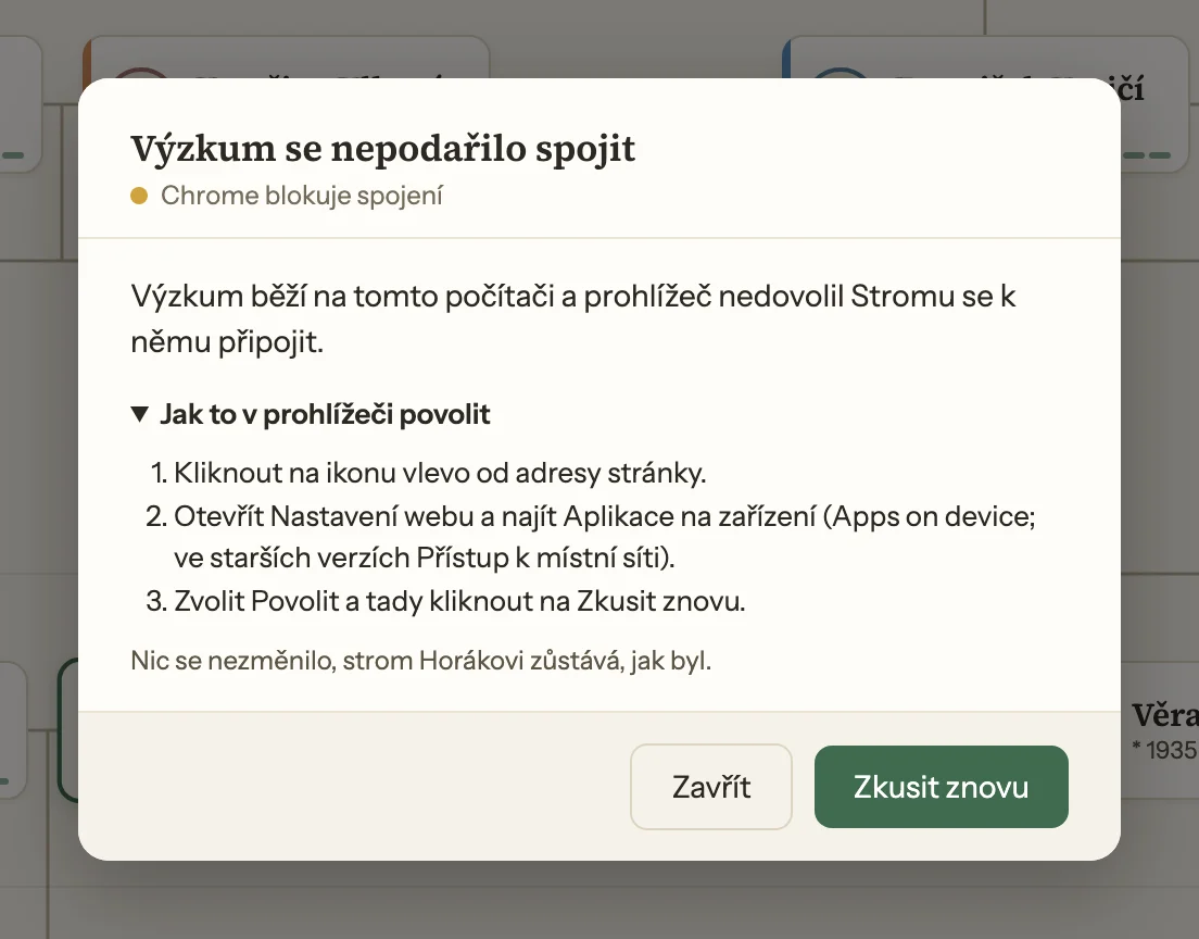 Dialog aplikace Strom, když Chrome blokuje spojení, s postupem, jak přístup povolit