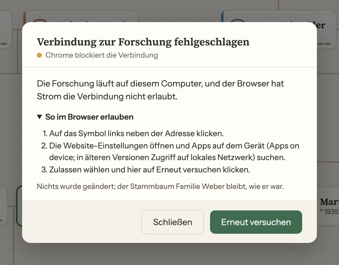 Der Dialog der Strom-App, wenn Chrome die Verbindung blockiert, mit den Schritten zum Erlauben