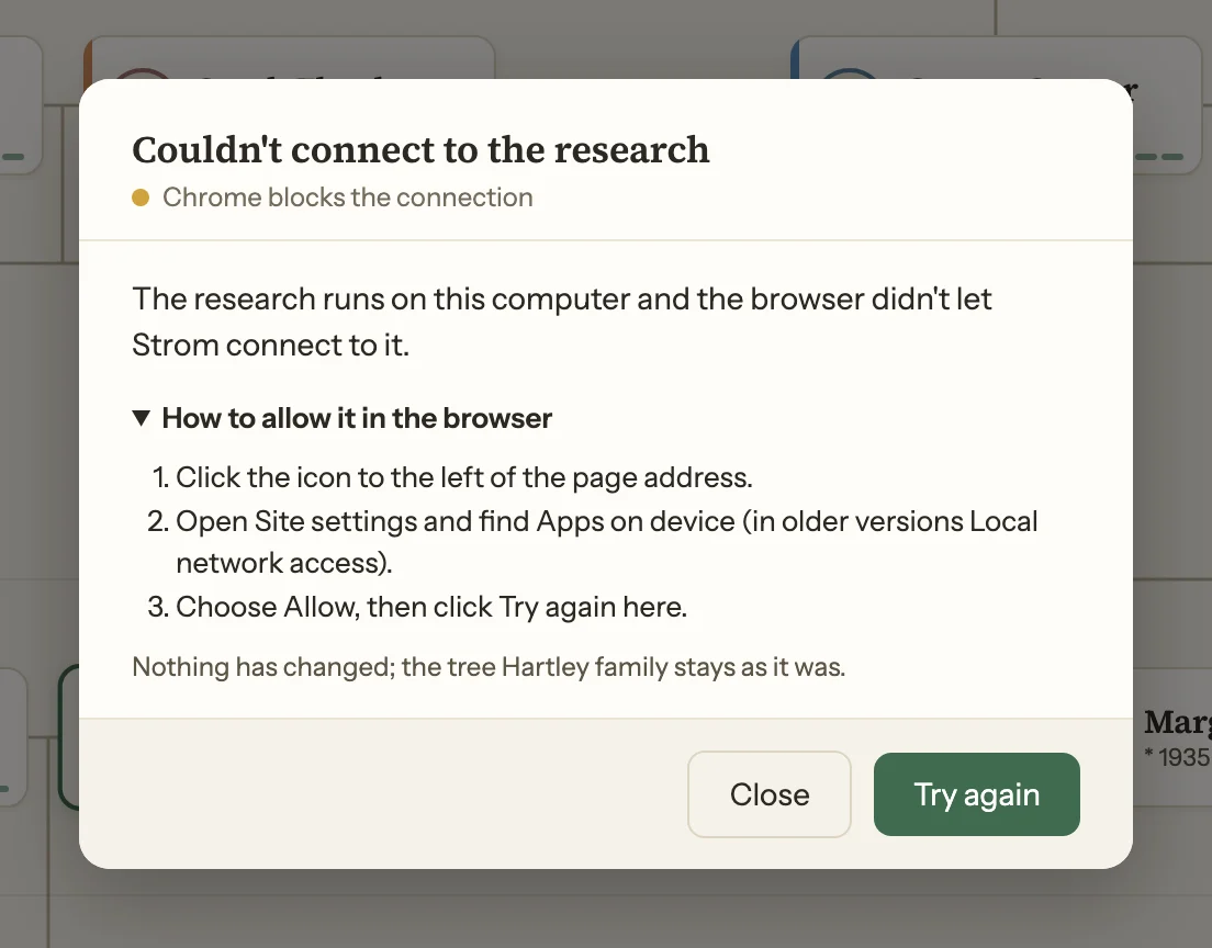 The Strom app’s dialog when Chrome blocks the connection, with the steps to allow it