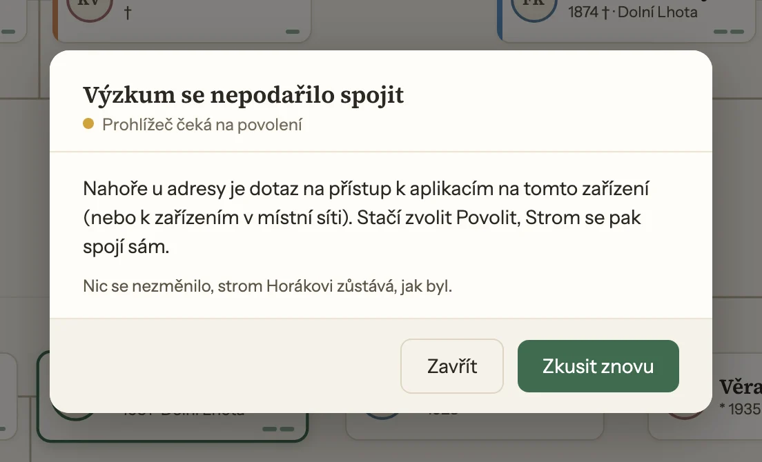 Dialog aplikace Strom, když prohlížeč čeká na povolení
