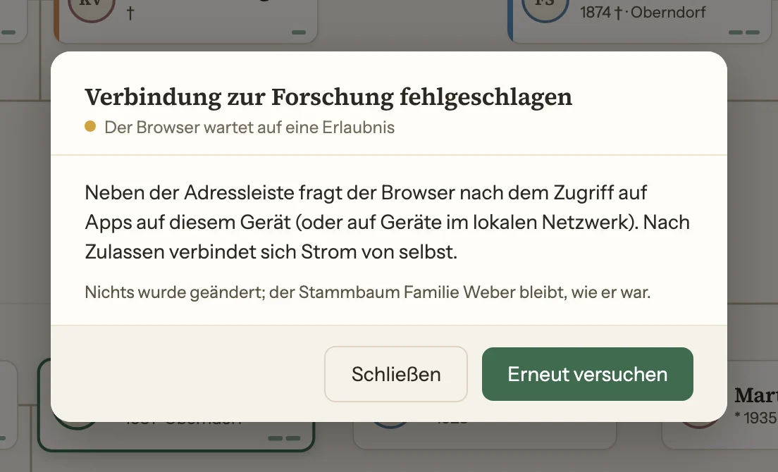 Der Dialog der Strom-App, wenn der Browser auf eine Erlaubnis wartet