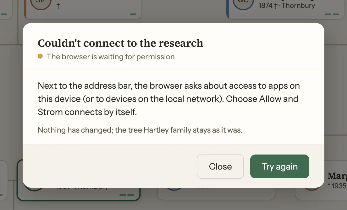 The Strom app’s dialog when the browser is waiting for permission