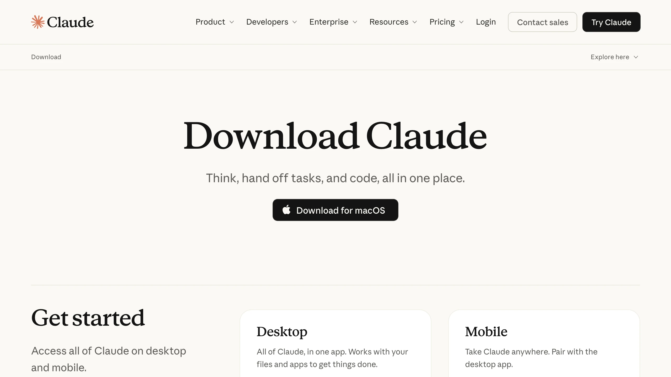 The Claude download page with a button for each system