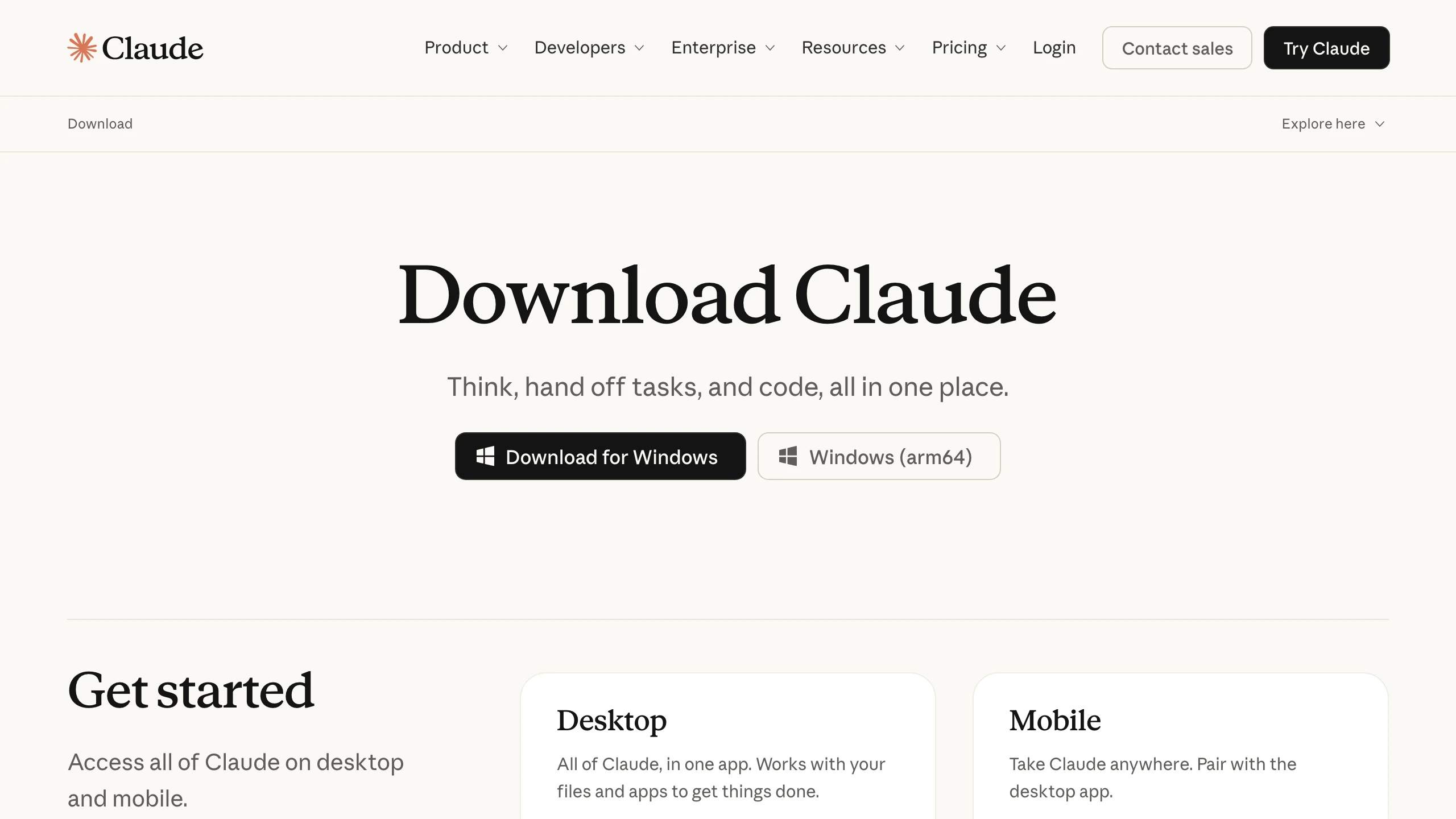 The Claude download page with a button for each system