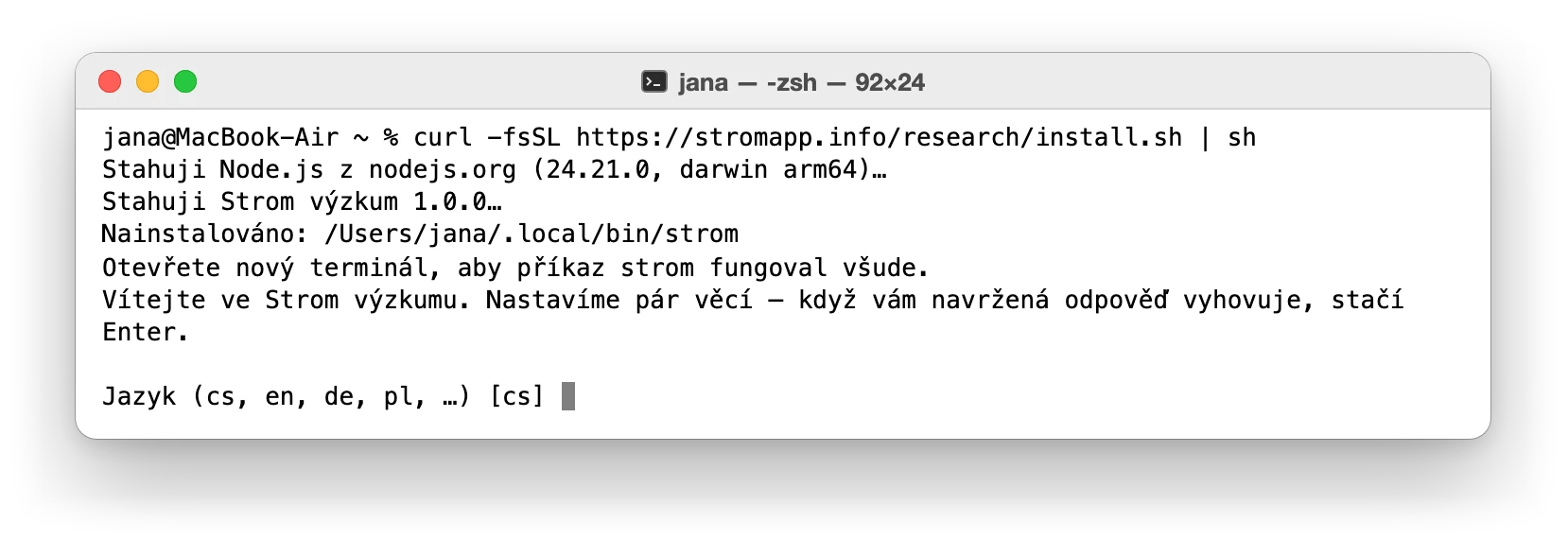 Vložený řádek v terminálu: stáhne se Node.js a Strom Research a spustí se průvodce