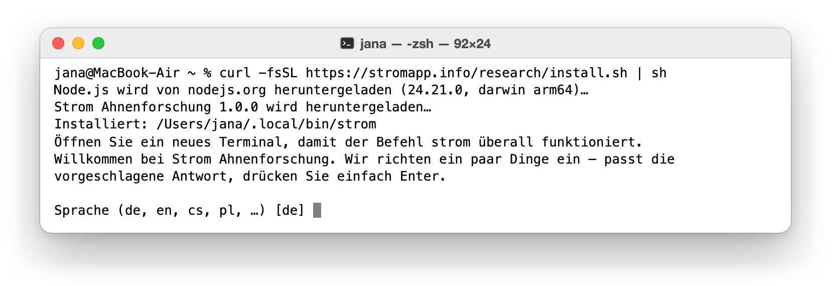Die eingefügte Zeile im Terminal: Node.js und Strom Research werden geladen, dann startet der Assistent