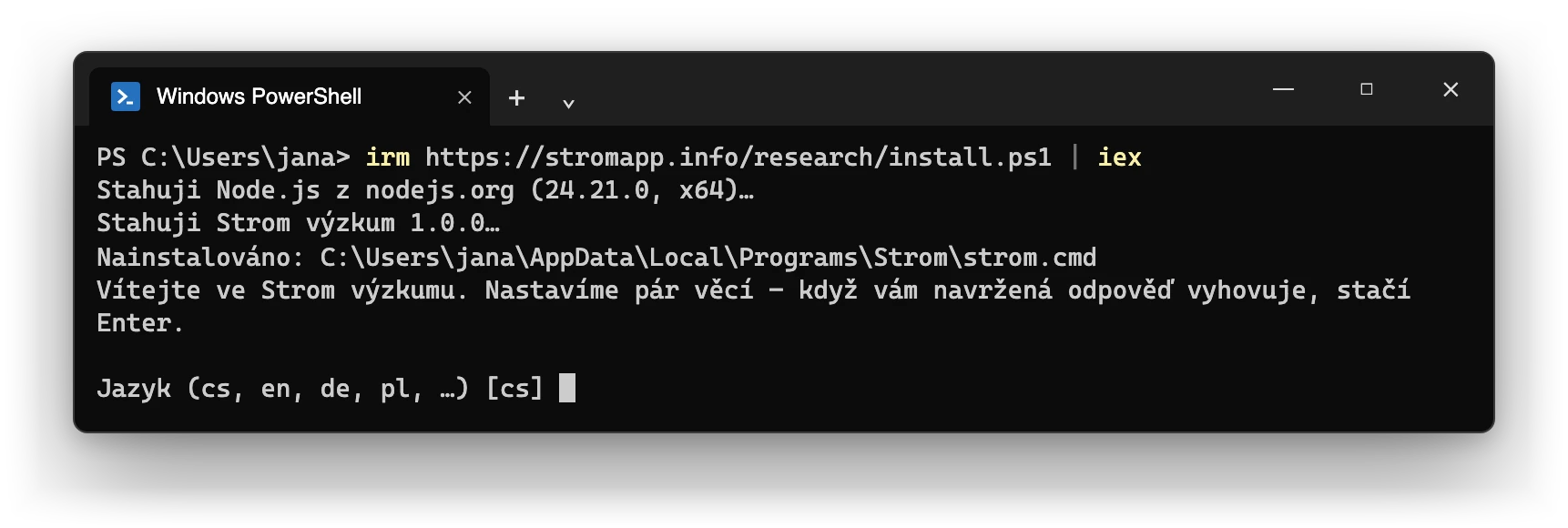 Vložený řádek v terminálu: stáhne se Node.js a Strom Research a spustí se průvodce