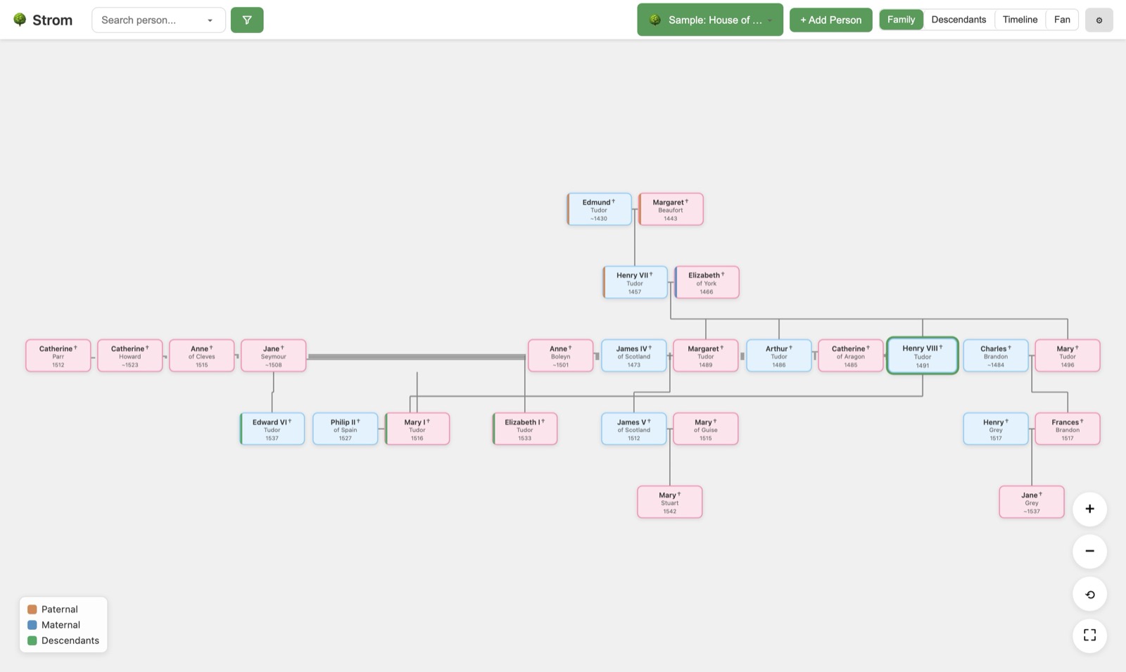 Strom family tree app showing the House of Tudor sample tree with branch colours