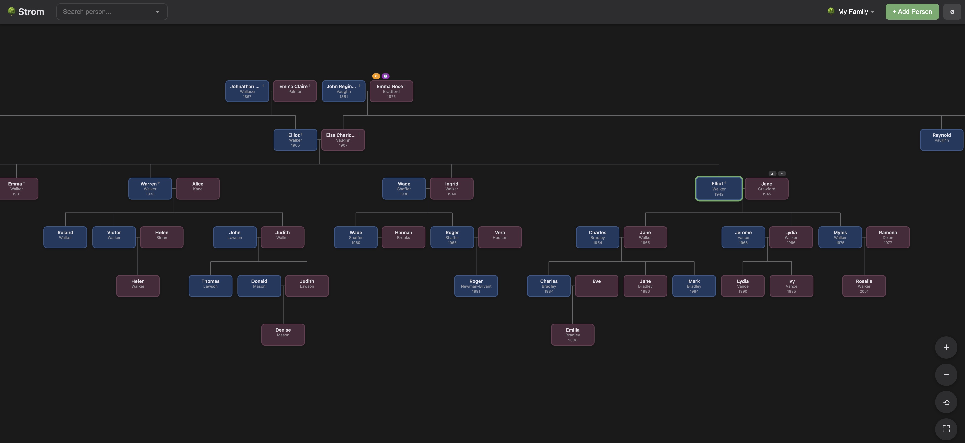 Strom family tree app showing several generations of a family connected in an interactive tree view